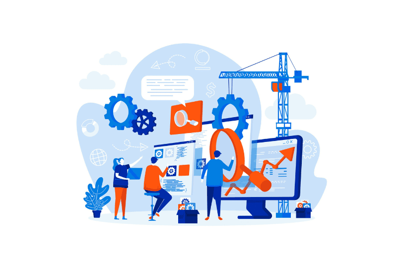 SEO optimization web design with people. SEO team analyzing data scene. Website optimization for relevant searches composition in flat style. Vector illustration for social media promotional materials